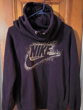 Nike Women's Dark Purple Hooded Sweatshirt with Gold Logo